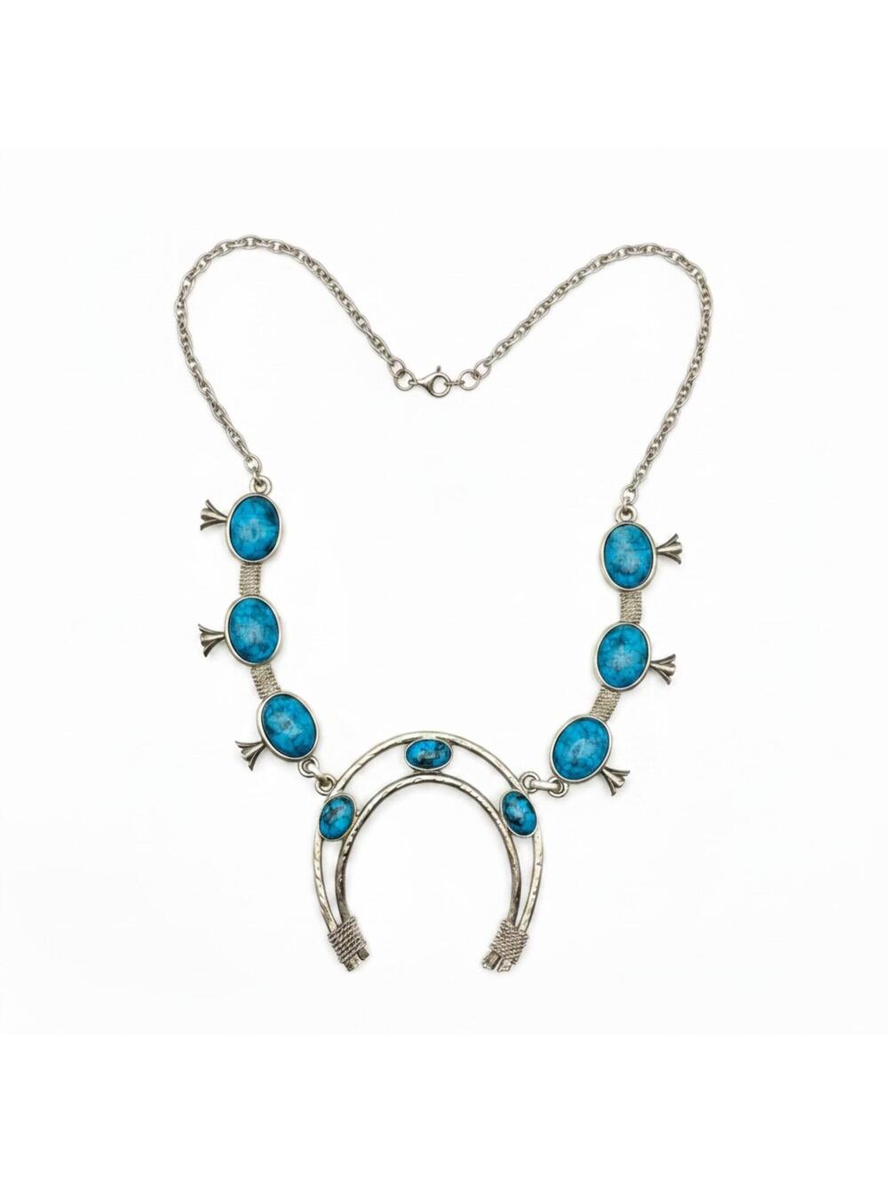 Vintage Costume Turquoise Squash Blossom Necklace - Silver Tone Naja Pendant - Picture 3 of 8